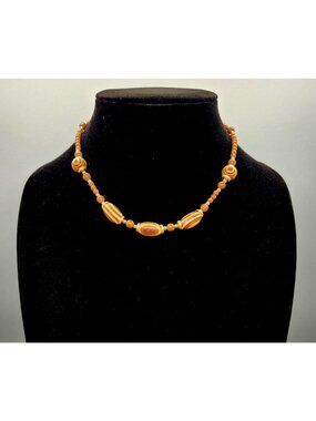 Vintage-Inspired Handcrafted Beaded Necklace With Striped Wooden Beads & Gold Ac